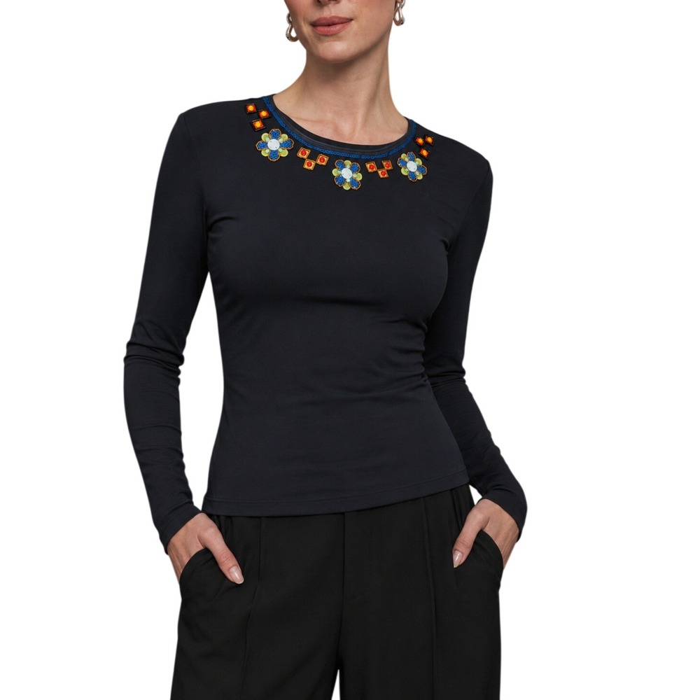 Tory Burch Liana Top Jersey Knit Jewel Neckline Sz S Ornate Eclectic Luxury